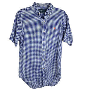 Ralph Lauren Mens Linen Shirt Small Blue Check Gingham Pony Button Short Sleeve